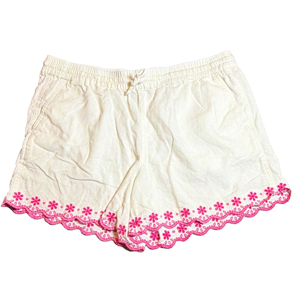 J.CREW Women's White/Pink Floral Embroidered Scallop Hem Shorts Size M